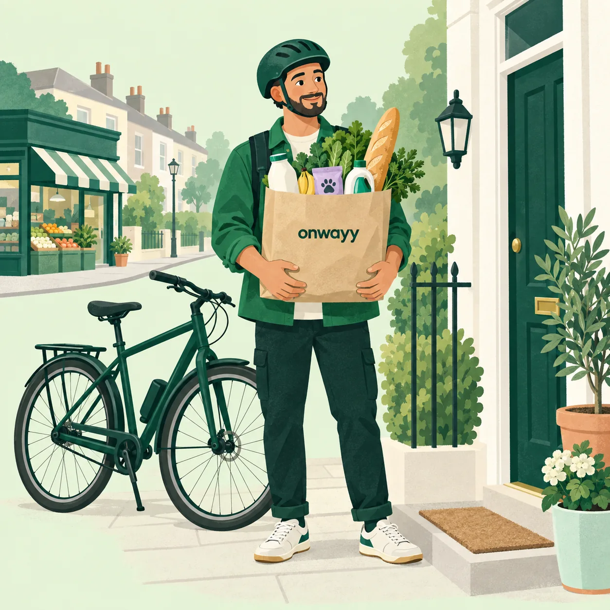 Illustration of an Onwayy rider bringing a bag of everyday essentials to a doorstep, with a bicycle and local shop nearby
